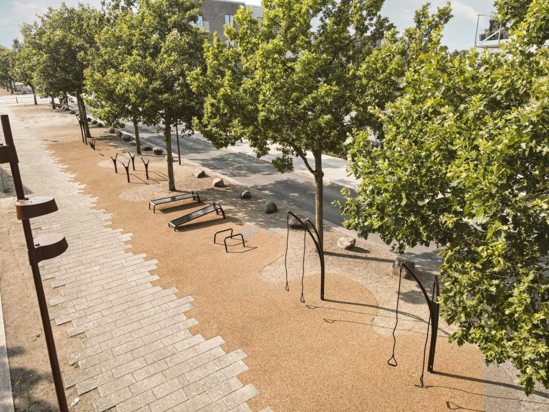 Outdoor fitness equipment on a beautiful avenue in Trekroner - Roskilde